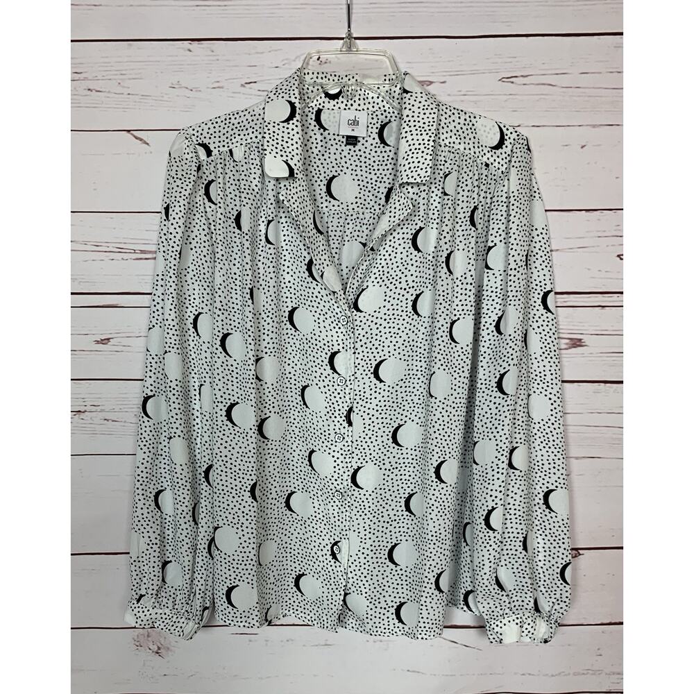 Cabi Women's M Medium White Black Eclipse Button Long Sleeve Top Blouse #4340